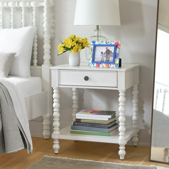 Pioneer Woman Harper Spindle Nightstand with USB Charging Ports, Adults and Teens, White Finish