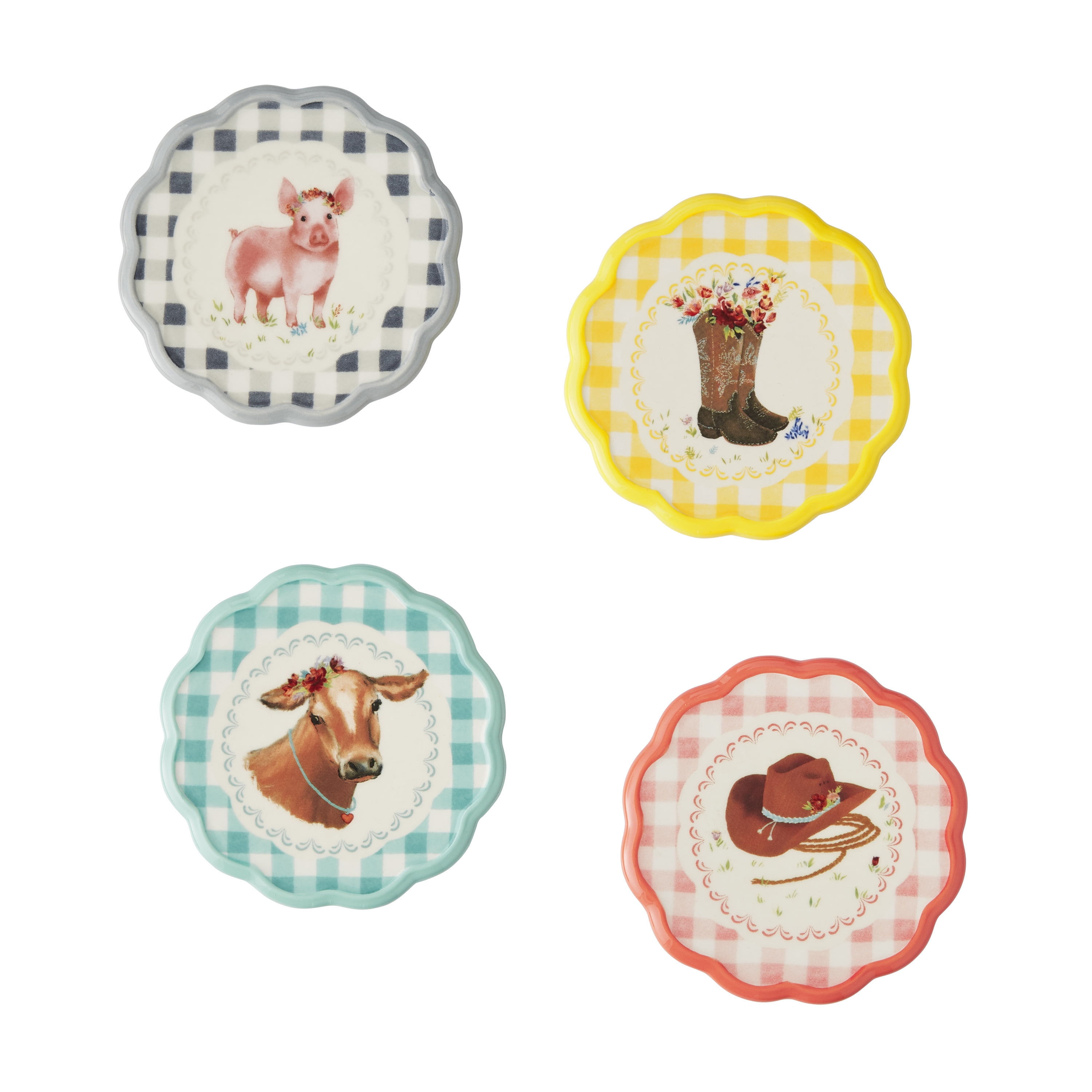 The Pioneer Woman Gingham with Ranch Icons Set of 4 Ceramic Coasters