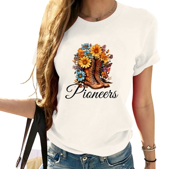 Pioneers Cowboy Boots Western Cowboy Sunflower Lover Gift Cute Women's Short Sleeve T-Shirt with Vintage Graphics - Perfect Birthday or Christmas Gift White Medium