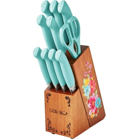 The Pioneers Womans 11-Piece Stainless Steel Knife Set with Floral Block - Ergonomic Soft Grip Handles, Durable Chef, Bread, Nakiri, Utility, Paring Knives, Steak Knives, and Shears (Teal)