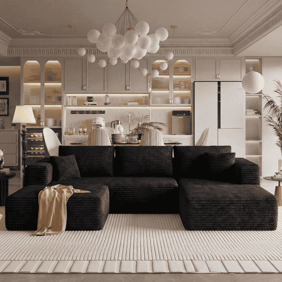 Pionex 108" Sectional Couch with Ottoman, Cloud Modular Boneless Couch, Deep Seat U-Shaped Sofa, Upholstered 3-Seater Sofas for Living Room, No Assembly Required