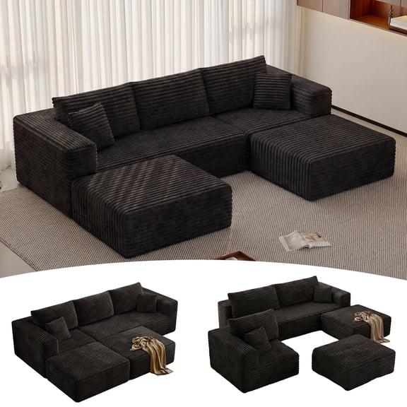 Pionex 108" Sectional Couch with Ottoman, Cloud Modular Boneless Couch, Deep Seat U-Shaped Sofa, Upholstered 3-Seater Sofas for Living Room, No Assembly Required