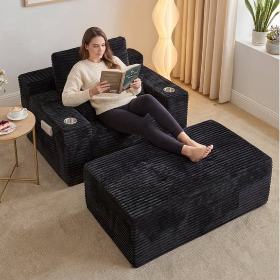 Pionex 67" Chaise Lounge Chair Indoor,Boneless Sofa,Reading Chair with Ottoman, Cloud Couch with Cup Holder & Side Pocket for Living Room, No Assembly Required