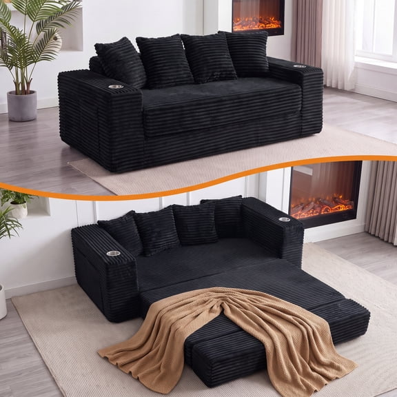 Pionex 78" Convertible Sofa Bed, Boneless Couch Sleeper Sofa with Cup Holders & Side Pockets, Corduroy Loveseat Couch, No Assembly Required Sofa Bed for Living Room, Apartment & Small Spaces