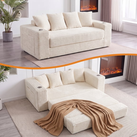 Pionex 78" Convertible Sofa Bed, Boneless Couch Sleeper Sofa with Cup Holders & Side Pockets, Corduroy Loveseat Couch, No Assembly Required Sofa Bed for Living Room, Apartment & Small Spaces