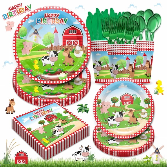 Piooluialy Farm Birthday Party Supplies Tableware Set - Farm Animal Party Decorations Include Dinner Plates, Cups, Napkins, Cutlery, Farm House Animal Barnyard Theme Party Supplies | Serves 24 Y114