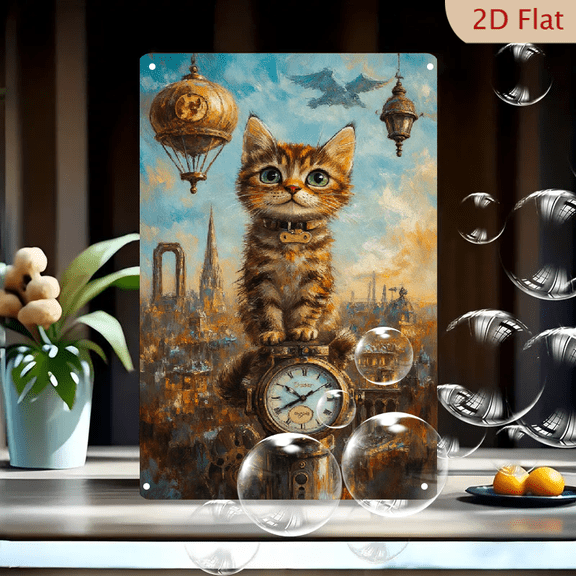 Pip the Ginger Kitten in Steampunk City, 8x12 inch Metal Wall Art Print, Whimsical Vintage Hot Air Balloons & Gothic Spires, Gold Amber Blue Home Decor