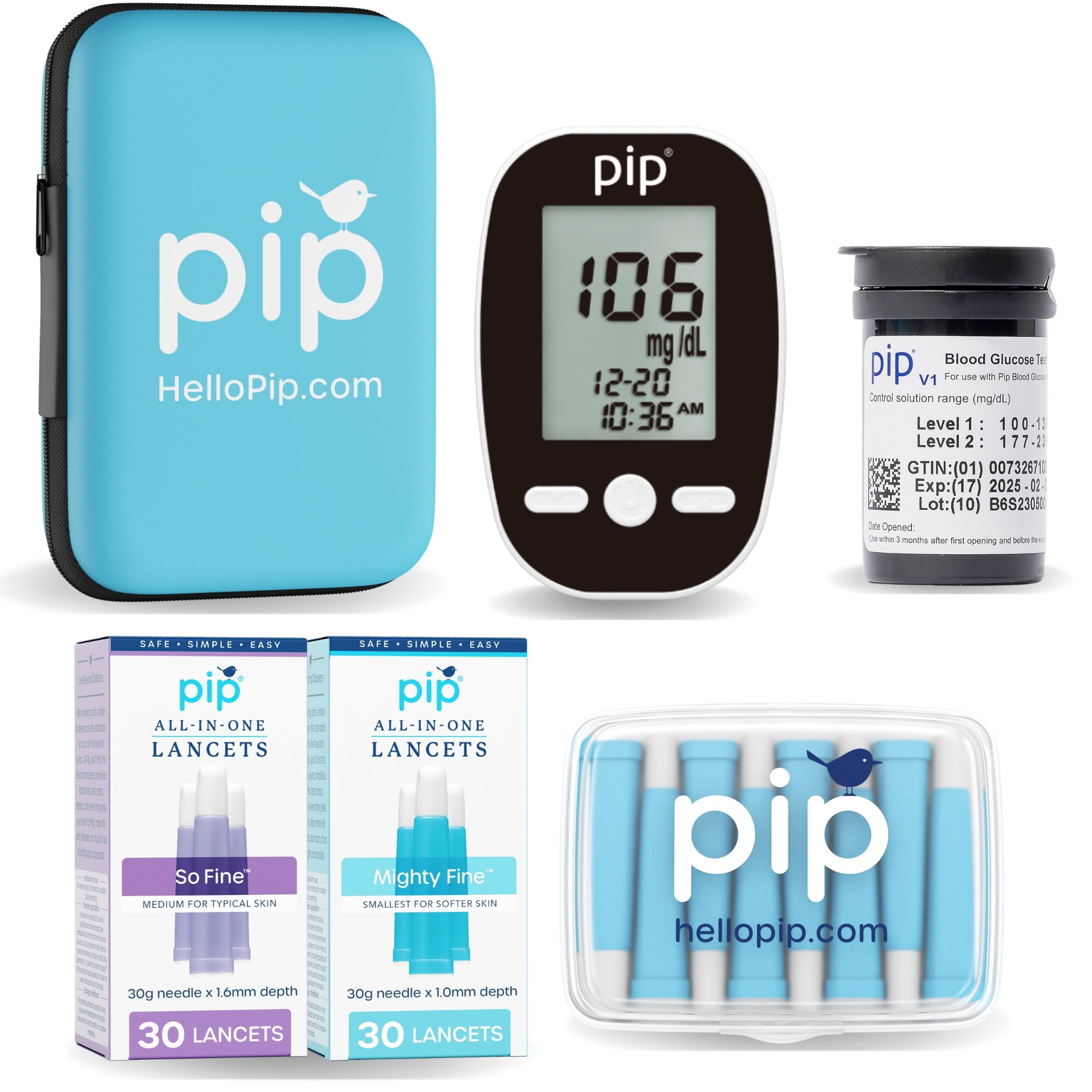 Pip V1 Blood Glucose Monitor Kit with Preloaded Safety Lancets, 50 Test Strips, & Travel Case