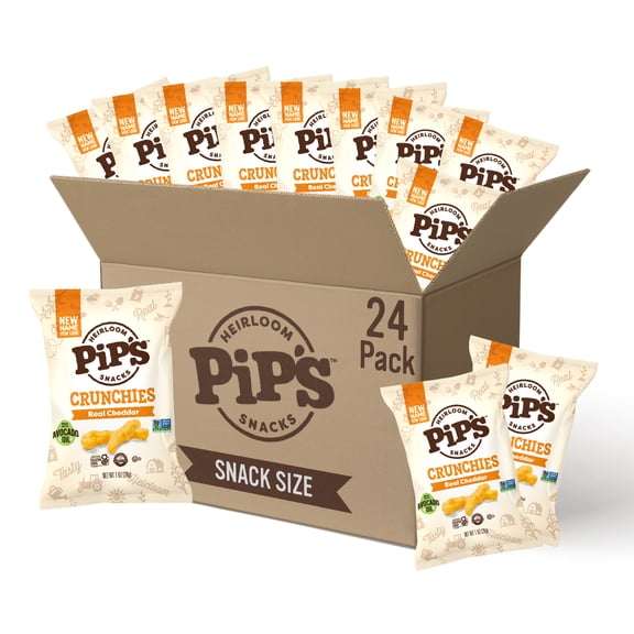 Pips Heirloom Snack Size Cheddar Crunchies 1 oz Bags (Pack of 24) Individually Wrapped Snack Packs, Made With Real Cheddar Cheese & Heirloom Corn Better For You Snacks, Gluten Free, Non-GMO