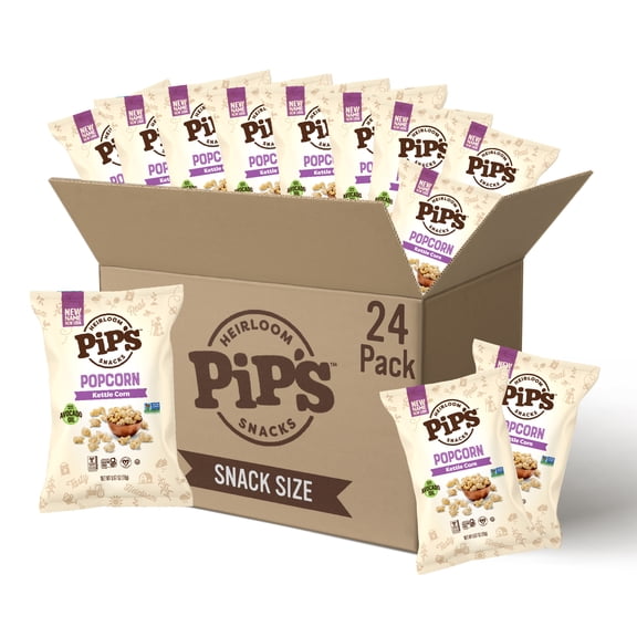 Pips Heirloom Kettle Popcorn 0.67oz Bag (Pack of 24) Individually Wrapped Snack Packs, Made With Heirloom Corn & Avocado Oil Gluten Free, Non-GMO
