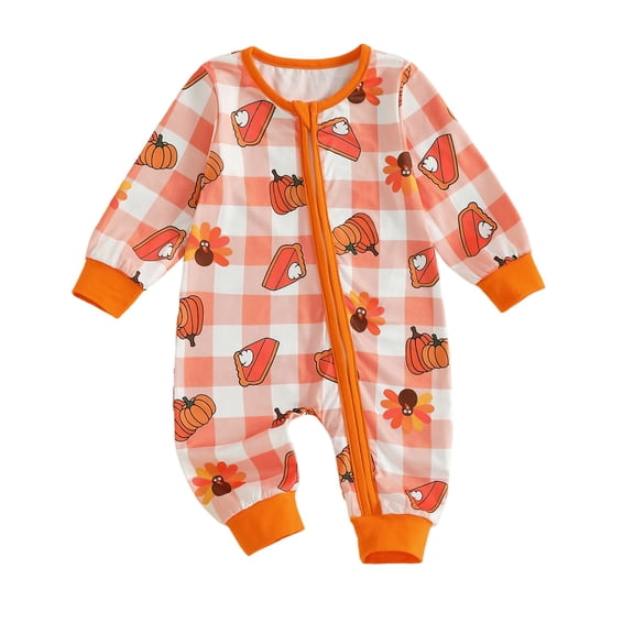 Piparoo Baby Long Sleeve Zipper Romper Thanksgiving Pumpkin Turkey Plaid One Piece Outfit for Newborn Infant 0-18M