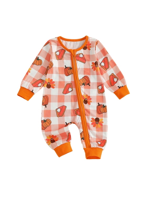 Baby Long Sleeve Zipper Romper Thanksgiving Pumpkin Turkey Plaid One Piece Outfit for Newborn Infant 0-18M