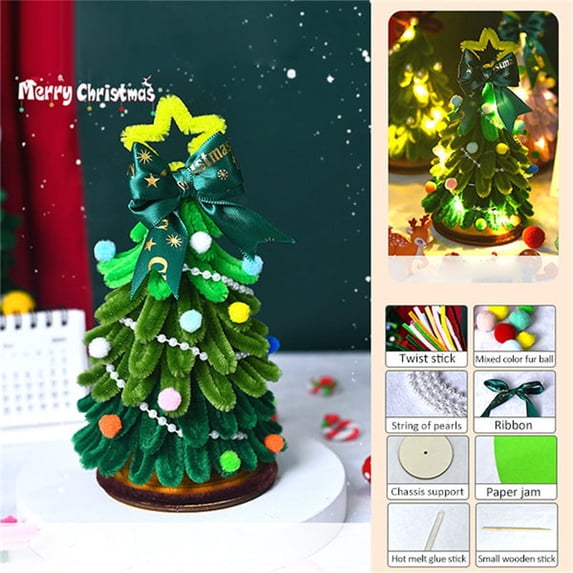 Pipe Cleaner Christmas Tree Craft Kit, Diy Holiday Ornament Making Set with Wooden Base for Festive Home Decor Activity