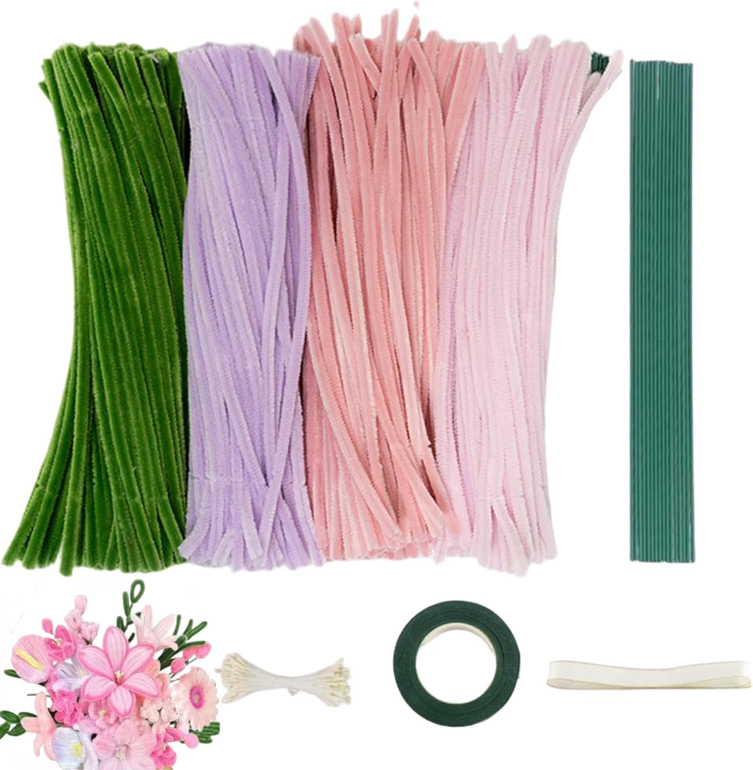 Pipe Cleaner Flower Kit Flexible Pipe Cleaners and Flower Stems with Green Craft Thread and Ribbon for DIY Floral Arrangements Kids Art Craft Projects School Classroom Creative Supplies
