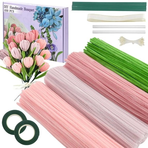 Pipe Cleaners Craft Kit with 400 Pipe Cleaners in 4 Colors | DIY Flower Making Supplies for Kids & Adults | Includes Floral Wire, Stamen, Glue Sticks & Ribbon