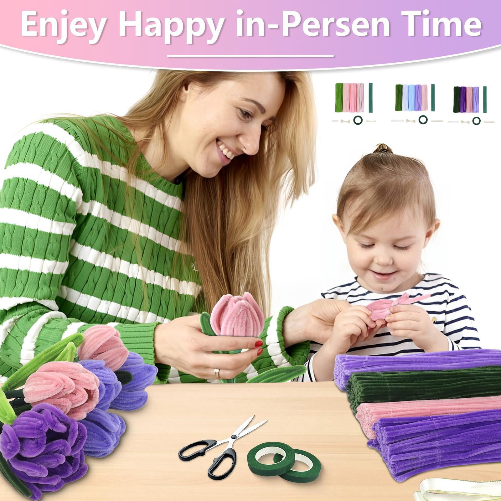 Pipe Cleaners Craft Set, 100/400 Pcs Chenille Stems with Floral DIY Accessories, Multicolor Flexible Craft Stems for Art Crafts & Decorations