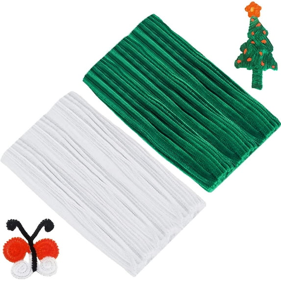 Pipe Cleaners Craft Supplies - 100pcs Dark Green Pipe Cleaners Craft and 100pcs White Pipe Cleaners, Craft Kids DIY Art Supplies, Pipe Cleaner Chenille Stems