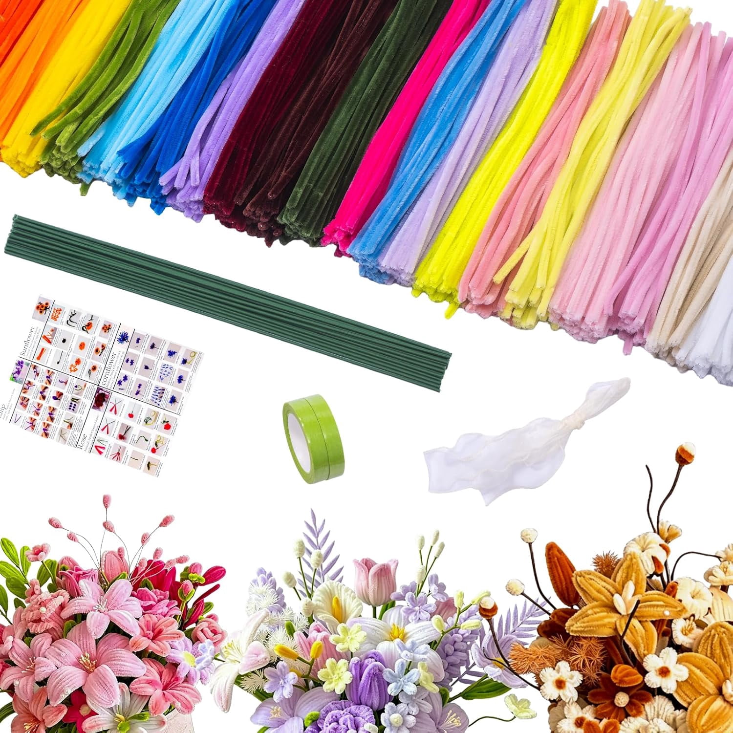Pipe Cleaners Flower Kit, 600Pcs Chenille Stems, 20 Assorted Colors 30Pcs/Color Soft Bendable Fuzzy Craft Sticks, All-in-One DIY Supplies for Adults, Holiday Decor and Bouquet Making