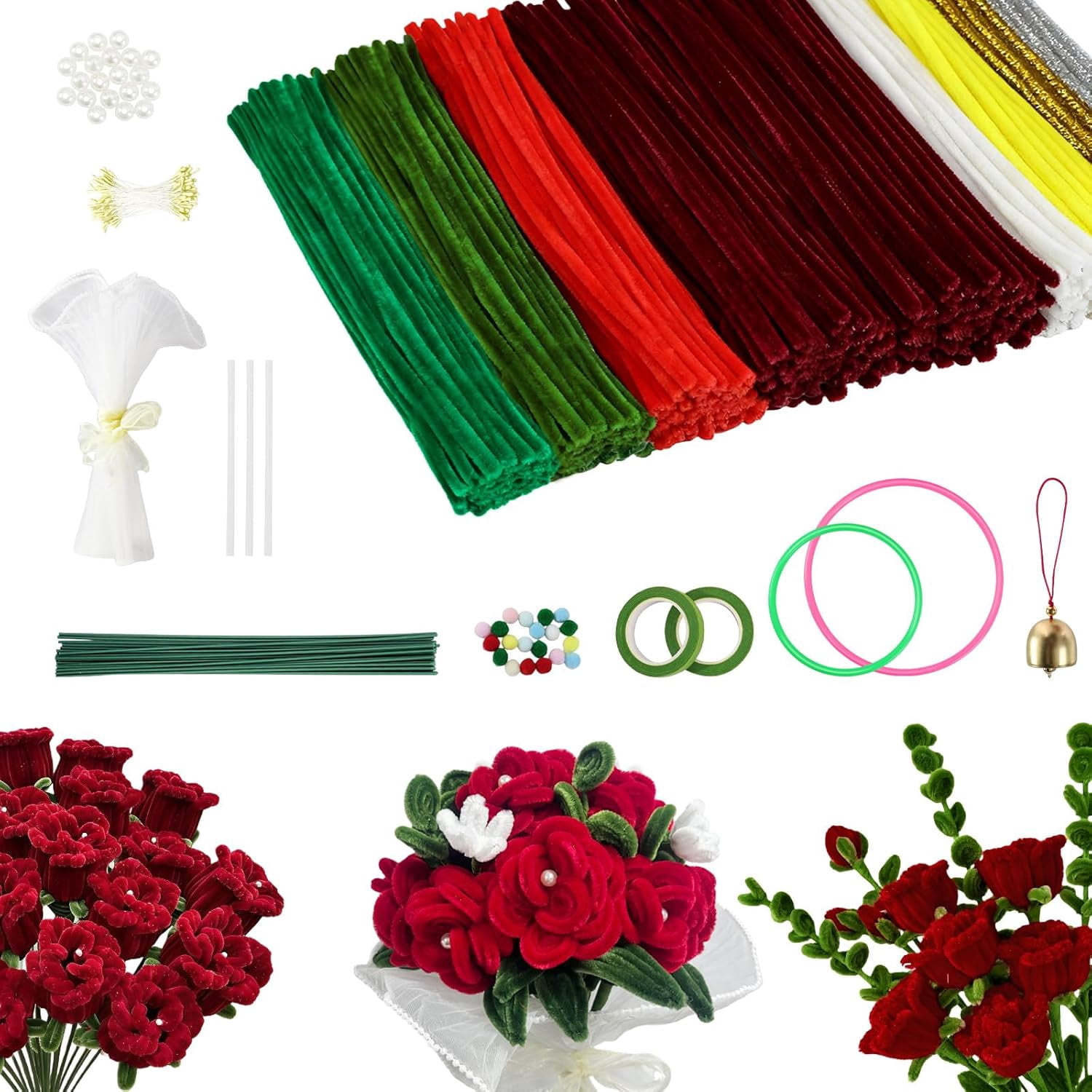 Pipe Cleaners Flowers Kit with Handle, 800 PCS Pipe Cleaners Craft, 13 Colors Chenille Stems with Instruction, Art and Craft Supplies