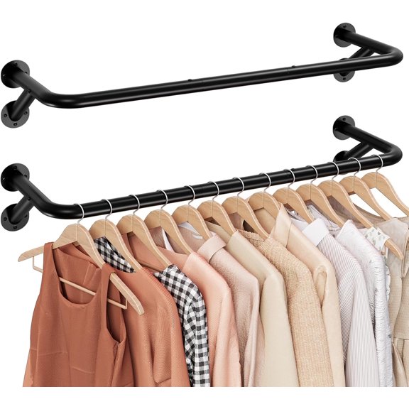 Pipe Clothing Rack - 37.5" Clothing Racks for Hanging Clothes with Dual Flange Base, Multifunctional Wall Mounted Clothes Rack for Bedroom, Entryway, Balcony, Black, 2-Pack