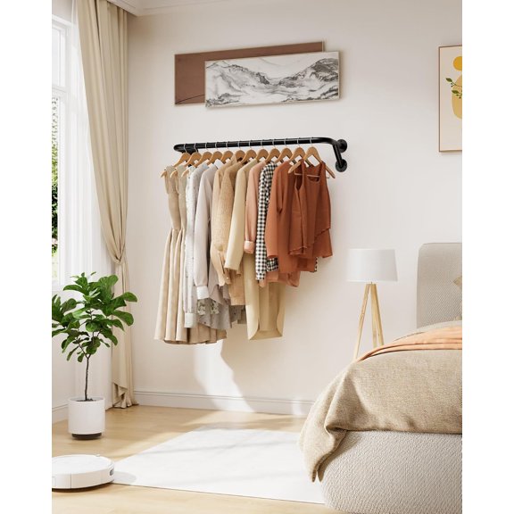 Pipe Clothing Rack - 37.5" Clothing Racks for Hanging Clothes with Dual Flange Base, Multifunctional Wall Mounted Clothes Rack for Bedroom, Entryway, Balcony, Black, 2-Pack