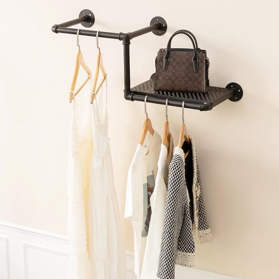 Pipe Clothing Rack with Floating Shelves, 2 Hanging Rods Wall Mounted Garment Rack, Heavy Duty Iron Clothes Bar, Space-Saving Clothing Hanging Rails for Closet (2 hanging rods 1 shelf)