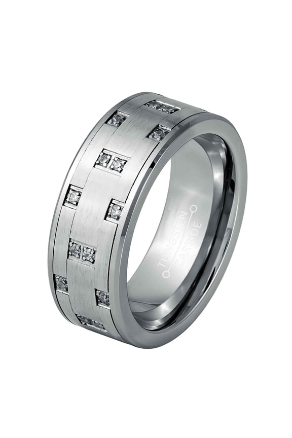 Pipe Cut CZ Accent Tungsten Wedding Band, Mens Engagement Band, Comfort Fit 8MM