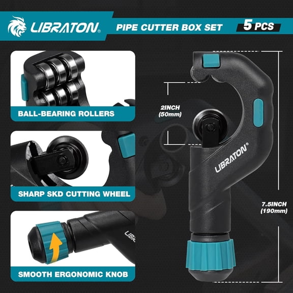 Pipe Cutter Tool 1/8"- 2", Heavy-Duty Copper Tube Cutters, PEX Pipe Cutter, Deburring Tool & Pipe Reamer, 5PCS Tube Cutting Set for Copper, Aluminum, PEX, PVC