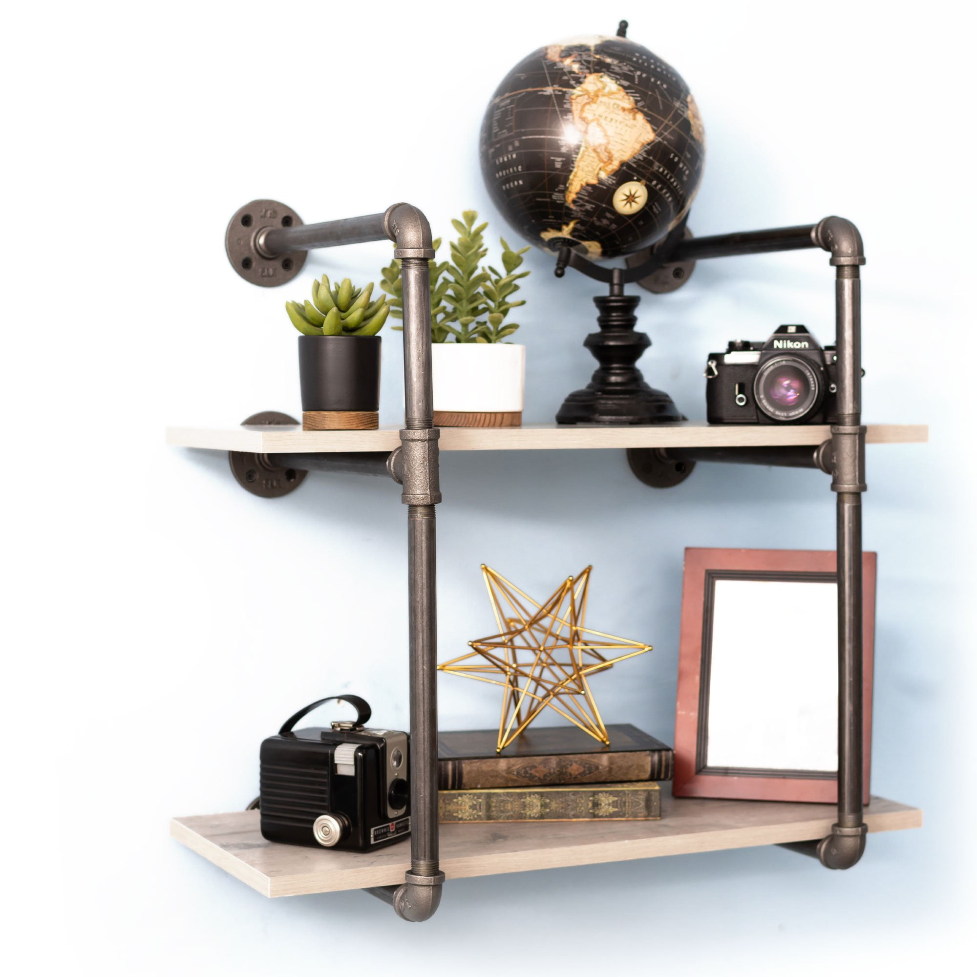 Pipe-Decor.com Rustic Industrial Floating Shelving Distressed Aged Wood and Iron Pipes 2 tier Wall Mounted Hanging Shelf