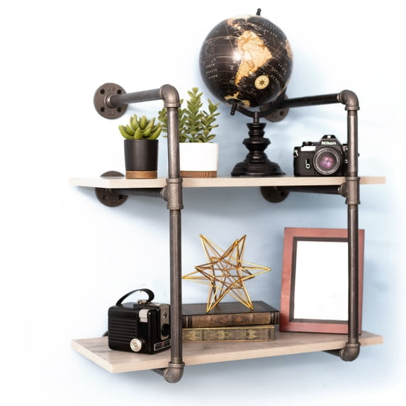 Pipe-Decor.com Rustic Industrial Floating Shelving Distressed Aged Wood and Iron Pipes 2 tier Wall Mounted Hanging Shelf