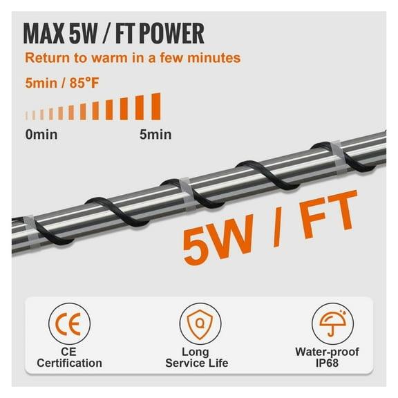 60ft, 5W/ft Freeze Protection - Self-Regulating Heat Tape for Pipes, PVC, Metal, Plastic - 120V with Thermostat