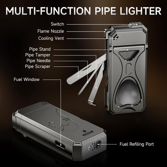 Pipe Lighter 4 in 1 Soft Flame Lighter with Pipe Stand, 3 Collapsible Pipe Cleaning Tools, Refillable Butane, Men's Pipe Set Gift (Grey)