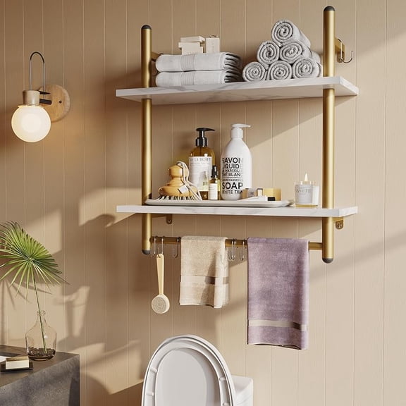 Pipe Shelf Industrial Floating Shelving 31" Kitchen Wall-Mounted Shelf with Towel Bar Hooks Coffee Bar Shelves Wine Hanging Display Rack Bookshelf Living Room Decor Bathroom-White Marble