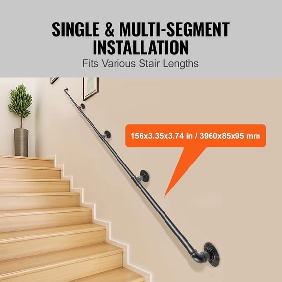 Pipe Stair Handrail, 13FT Staircase Handrail, 440LBS Load Capacity Carbon Steel Pipe Handrail, Industrial Pipe Handrail with Wall Mount Support, Round Corner Wall Handrailing for Indoor, Outdoor