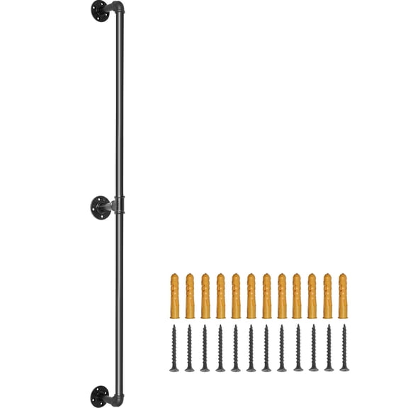 Pipe Stair Handrail, 6FT Staircase Handrail, 440LBS Load Capacity Carbon Steel Pipe Handrail, Industrial Pipe Handrail with Wall Mount Support, Round Corner Wall Handrailings for Indoor, Outdoor