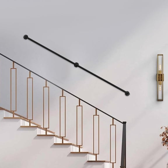 Pipe Stair Handrail, 7FT Metal Staircase Handrail Black, Industrial Stair Railing Wall Mount Staircase Handrail Wall Hand Railing for Outdoor Indoor Stairs Porch (2 Sections)