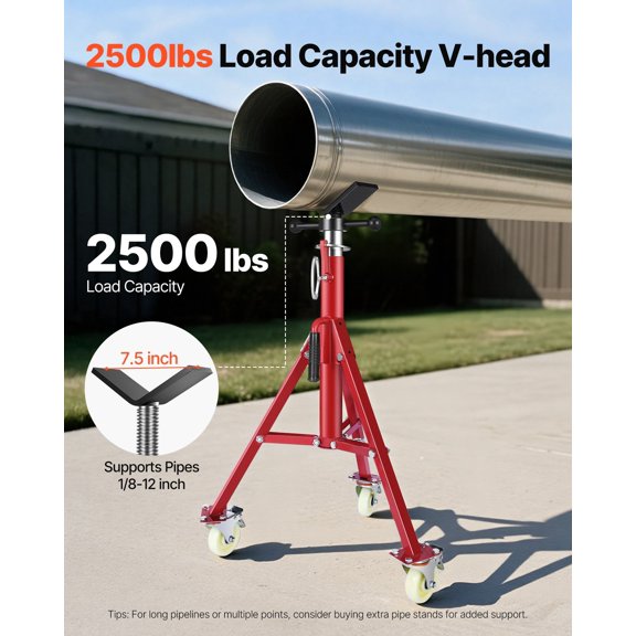 Pipe Stand,V Head Pipe Jack Stand Adjustable Height 28-52",2500LBS Pipe Jack Stands with Casters,Folding Portable Pipe Stands for 1/8 to 12"Pipe Supporting