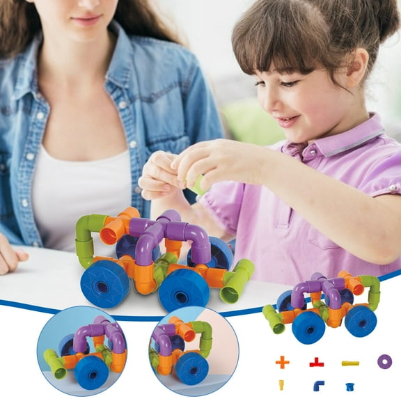 Pipe System Building Kit - 80+ Interlocking Tubes & Horn Wheels w/ Sound Effects ,STEM-Based Construction Activity Ages 8+ multicolor