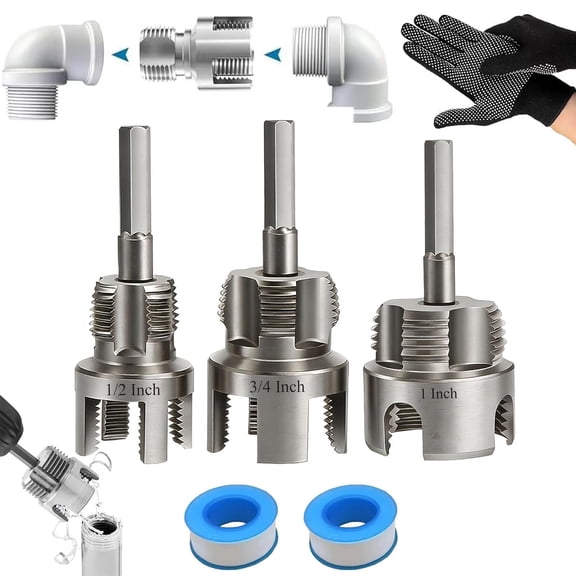 Pipe Tapping and Threading Tool Dual-Specification Compatible,Pipe Thread Cutting Tool,4 in 1 Water Pipe Threader Tool,Electric Drill Compatible Pvc Pipe Threader Kit for 1/2", 3/4", 1" (3PC)