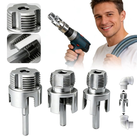 Pipe Thread Cutting Tool, 1/2'' 3/4'' 1'' Dies, Faucet Wrench, PVC Pipe Threader, Electric Drill Compatible Pipe Threader Kit for Home Repair, 3Pcs