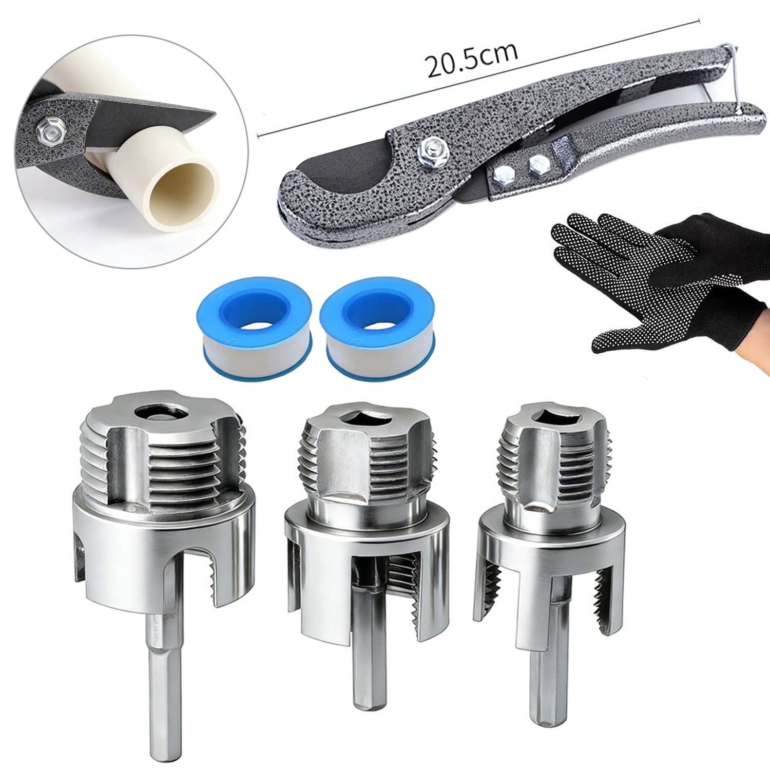 Pipe Threader Kit, 1/2 3/4 1 Inch Internal External Pipe Threader Drill Attachment, Carbon Steel Threading Tool Set for PVC Pipes, Professional Plumbing Tool Kit