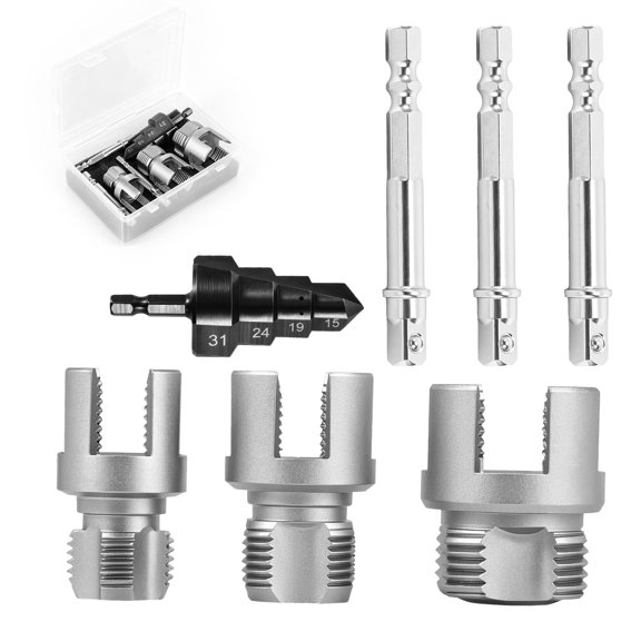 Pipe Threading Tool Kit 3 Size Pipe Thread Tap Cutter with Hex Extension Shank and Step Drill Bit Portable Plumbing Reamer Tool