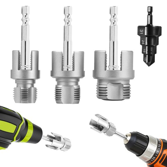 Pipe Threading Tool Kit 3 Size Pipe Thread Tap Cutter with Hex Extension Shank and Step Drill Bit Portable Plumbing Reamer Tool
