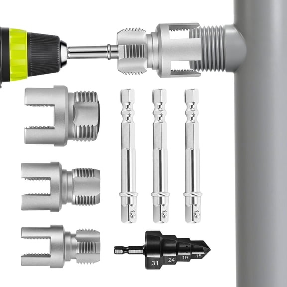 Pipe Threading Tool Kit, 3 Size Thread Tap Cutters with 1/4" Hex Extension Shank Step Drill Bit for 1/2" 3/4" 1" PPR PE Pipes