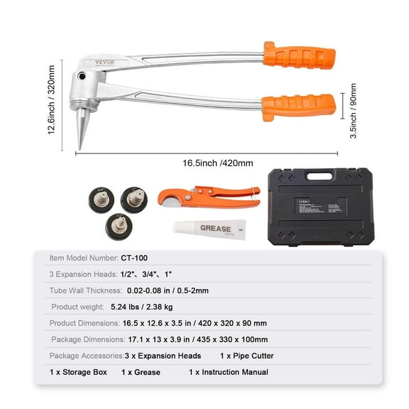 Pipe Tube Expander Manual Hydraulic PEX Tubing Expanding With 3 Expansion Heads Pipe Cutter Tool For Copper Pipe Repairing ,Easy Manual Operation