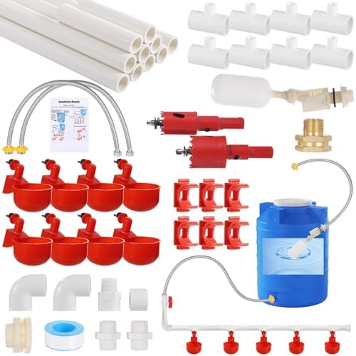 Perfsign Complete PVC Pipeline Chicken Waterer Set – 58-Piece Automatic Poultry Watering Kit With 8 Cups, Float Valve & Garden Hose Connector
