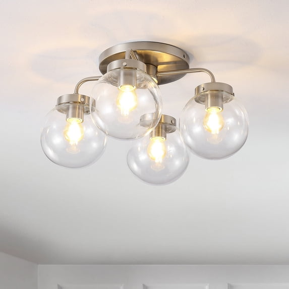 JONATHAN Y Piper 18" 4-Light Farmhouse Rustic Iron/Glass LED Semi Flush Mount, Nickel/Clear