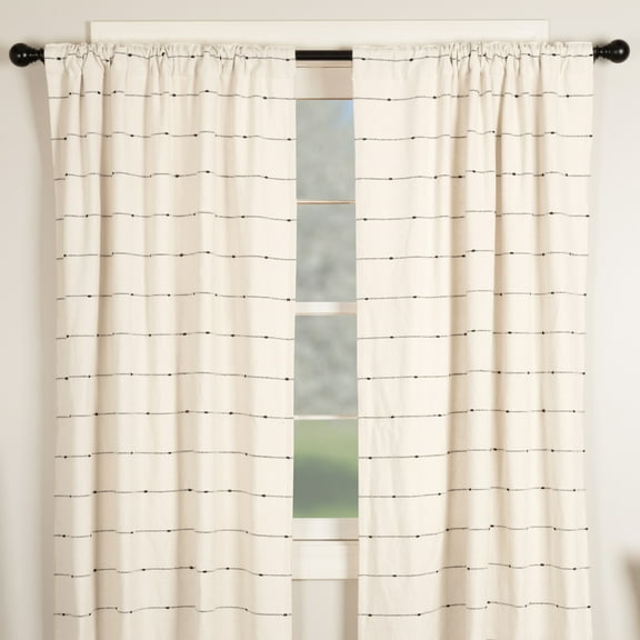 Piper Classics Farmcloth Stripe 84" Long Panel Curtains, Set of 2, Natural Cream Woven w/ Black, Cotton