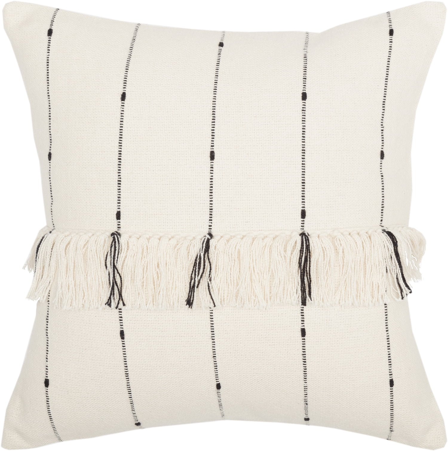Natural Cream and Black Cotton Square Throw Pillow with Tassels