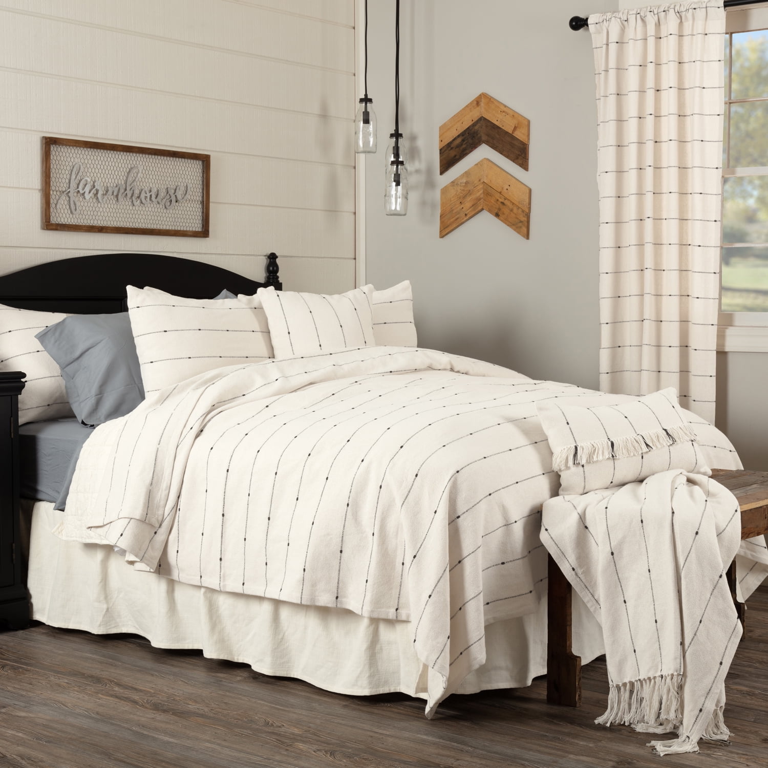 Natural Cream Cotton Twin Coverlet with Black Stripes